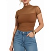 image:imageMANGOPOP Womens Mock Turtle Neck Bodysuit Mesh Sheer Long Short Sleeve Top03short Sleeve Coffee