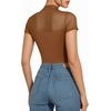 image:imageMANGOPOP Womens Mock Turtle Neck Bodysuit Mesh Sheer Long Short Sleeve Top03short Sleeve Coffee