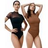 image:imageMANGOPOP Womens Mock Turtle Neck Bodysuit Mesh Sheer Long Short Sleeve Top03short Sleeve Coffee