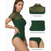 image:imageMANGOPOP Womens Mock Turtle Neck Bodysuit Mesh Sheer Long Short Sleeve Top03short Sleeve Green