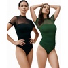 image:imageMANGOPOP Womens Mock Turtle Neck Bodysuit Mesh Sheer Long Short Sleeve Top03short Sleeve Green