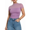 image:imageMANGOPOP Womens Mock Turtle Neck Bodysuit Mesh Sheer Long Short Sleeve Top03short Sleeve Light Purple