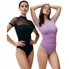 image:imageMANGOPOP Womens Mock Turtle Neck Bodysuit Mesh Sheer Long Short Sleeve Top03short Sleeve Light Purple