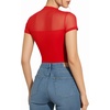 image:imageMANGOPOP Womens Mock Turtle Neck Bodysuit Mesh Sheer Long Short Sleeve Top03short Sleeve Red