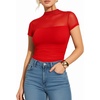 image:imageMANGOPOP Womens Mock Turtle Neck Bodysuit Mesh Sheer Long Short Sleeve Top03short Sleeve Red