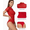 image:imageMANGOPOP Womens Mock Turtle Neck Bodysuit Mesh Sheer Long Short Sleeve Top03short Sleeve Red
