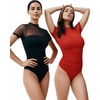image:imageMANGOPOP Womens Mock Turtle Neck Bodysuit Mesh Sheer Long Short Sleeve Top03short Sleeve Red