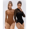 image:imageMANGOPOP Womens Mock Turtle Neck Bodysuit Mesh Sheer Long Short Sleeve Top04long Sleeve Coffee