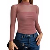 image:imageMANGOPOP Womens Mock Turtle Neck Bodysuit Mesh Sheer Long Short Sleeve Top04long Sleeve Marsala