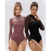 image:imageMANGOPOP Womens Mock Turtle Neck Bodysuit Mesh Sheer Long Short Sleeve Top04long Sleeve Marsala
