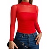 image:imageMANGOPOP Womens Mock Turtle Neck Bodysuit Mesh Sheer Long Short Sleeve Top04long Sleeve Red