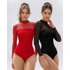 image:imageMANGOPOP Womens Mock Turtle Neck Bodysuit Mesh Sheer Long Short Sleeve Top04long Sleeve Red