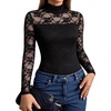 image:imageMANGOPOP Womens Mock Turtle Neck Bodysuit Mesh Sheer Long Short Sleeve TopLace Long Sleeve Black