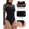 image:imageMANGOPOP Womens Mock Turtle Neck Bodysuit Mesh Sheer Long Short Sleeve TopLace Long Sleeve Black