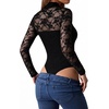 image:imageMANGOPOP Womens Mock Turtle Neck Bodysuit Mesh Sheer Long Short Sleeve TopLace Long Sleeve Black