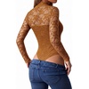 image:imageMANGOPOP Womens Mock Turtle Neck Bodysuit Mesh Sheer Long Short Sleeve TopLace Long Sleeve Khaki