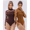 image:imageMANGOPOP Womens Mock Turtle Neck Bodysuit Mesh Sheer Long Short Sleeve TopLace Long Sleeve Khaki