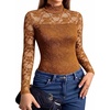 image:imageMANGOPOP Womens Mock Turtle Neck Bodysuit Mesh Sheer Long Short Sleeve TopLace Long Sleeve Khaki