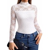 image:imageMANGOPOP Womens Mock Turtle Neck Bodysuit Mesh Sheer Long Short Sleeve TopLace Long Sleeve White