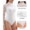 image:imageMANGOPOP Womens Mock Turtle Neck Bodysuit Mesh Sheer Long Short Sleeve TopLace Long Sleeve White