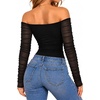 image:imageMANGOPOP Womens Off Shoulder Long Sleeve Ruched Mesh Sheer Thong Bodysuit01 Black