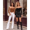 image:imageMANGOPOP Womens Off Shoulder Long Sleeve Ruched Mesh Sheer Thong Bodysuit01 Black