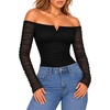 image:imageMANGOPOP Womens Off Shoulder Long Sleeve Ruched Mesh Sheer Thong Bodysuit01 Black