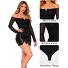 image:imageMANGOPOP Womens Off Shoulder Long Sleeve Ruched Mesh Sheer Thong Bodysuit01 Black