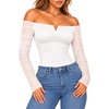 image:imageMANGOPOP Womens Off Shoulder Long Sleeve Ruched Mesh Sheer Thong Bodysuit02 White