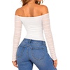 image:imageMANGOPOP Womens Off Shoulder Long Sleeve Ruched Mesh Sheer Thong Bodysuit02 White
