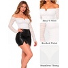 image:imageMANGOPOP Womens Off Shoulder Long Sleeve Ruched Mesh Sheer Thong Bodysuit02 White