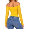 image:imageMANGOPOP Womens Off Shoulder Long Sleeve Ruched Mesh Sheer Thong BodysuitBright Yellow