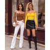 image:imageMANGOPOP Womens Off Shoulder Long Sleeve Ruched Mesh Sheer Thong BodysuitBright Yellow