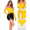 image:imageMANGOPOP Womens Off Shoulder Long Sleeve Ruched Mesh Sheer Thong BodysuitBright Yellow
