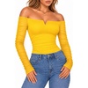 image:imageMANGOPOP Womens Off Shoulder Long Sleeve Ruched Mesh Sheer Thong BodysuitBright Yellow