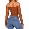 image:imageMANGOPOP Womens Off Shoulder Long Sleeve Ruched Mesh Sheer Thong BodysuitDark Coffee