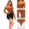 image:imageMANGOPOP Womens Off Shoulder Long Sleeve Ruched Mesh Sheer Thong BodysuitDark Coffee