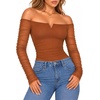 image:imageMANGOPOP Womens Off Shoulder Long Sleeve Ruched Mesh Sheer Thong BodysuitDark Coffee