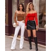 image:imageMANGOPOP Womens Off Shoulder Long Sleeve Ruched Mesh Sheer Thong BodysuitRed