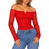 image:imageMANGOPOP Womens Off Shoulder Long Sleeve Ruched Mesh Sheer Thong BodysuitRed