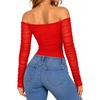 image:imageMANGOPOP Womens Off Shoulder Long Sleeve Ruched Mesh Sheer Thong BodysuitRed