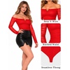 image:imageMANGOPOP Womens Off Shoulder Long Sleeve Ruched Mesh Sheer Thong BodysuitRed