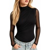 image:imageMANGOPOP Womens Ruched Mock Neck Mesh Long Sleeve Sheer Thong Bodysuits01 Black