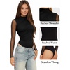 image:imageMANGOPOP Womens Ruched Mock Neck Mesh Long Sleeve Sheer Thong Bodysuits01 Black