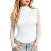 image:imageMANGOPOP Womens Ruched Mock Neck Mesh Long Sleeve Sheer Thong Bodysuits02 White