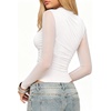image:imageMANGOPOP Womens Ruched Mock Neck Mesh Long Sleeve Sheer Thong Bodysuits02 White