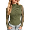 image:imageMANGOPOP Womens Ruched Mock Neck Mesh Long Sleeve Sheer Thong BodysuitsArmy Green