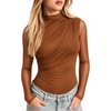 image:imageMANGOPOP Womens Ruched Mock Neck Mesh Long Sleeve Sheer Thong BodysuitsDark Coffee
