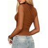 image:imageMANGOPOP Womens Ruched Mock Neck Mesh Long Sleeve Sheer Thong BodysuitsDark Coffee