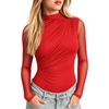image:imageMANGOPOP Womens Ruched Mock Neck Mesh Long Sleeve Sheer Thong BodysuitsRed